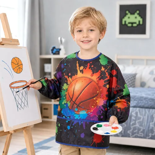Vista 6 de WERNNSAI Bata de arte para niños impermeable con manga larga y 3 bolsillos de pintura