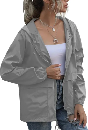 Vista 13 de PESION Chaqueta impermeable ligera para mujer, rompevientos con capucha y bolsillo para exteriores Verde militar