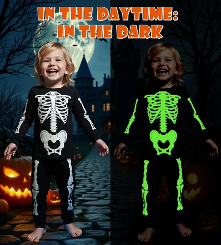 Vista 4 de HONGTEYA Ropa de Halloween para niños y niñas, ropa de esqueleto de algodón para niños pequeños, talla 3-7T