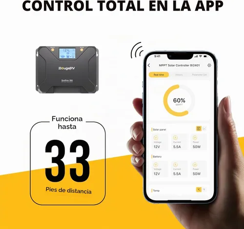Vista 2 de BougeRV MPPT Controlador de carga solar de 30 A, con corte a baja temperatura, control de aplicación, LCD retroiluminado, regulador de panel solar