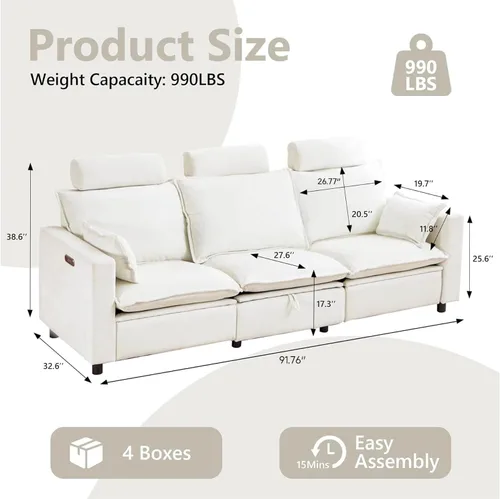Vista 2 de GUEAPY Cloud Couch Sofá Reclinable Eléctrico - Sofás Seccionales Reclinables de Gran Tamaño Color Crema, Sofá/Sillón Reclinable Eléctrico Moderno