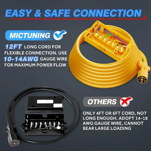 Vista 4 de MICTUNING Cable de remolque en línea de enchufe de 7 vías resistente con caja de conexiones de 7 bandas para remolques de caravana de 8 pies