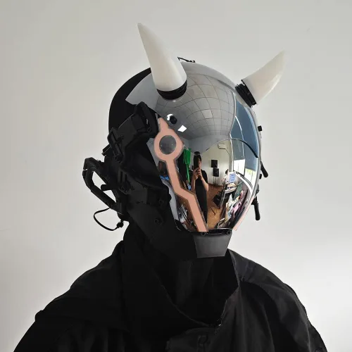 Vista 6 de KYEDAY Máscara punk para hombre, máscara de cuerno de buey LED, tecnología punk futurista, cosplay, Halloween, accesorios para fiestas y festivales