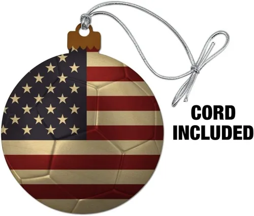 Vista 2 de GRAPHICS & MORE Bandera de Estados Unidos de América, pelota de fútbol, fútbol, fútbol, madera, árbol de Navidad, adorno de vacaciones