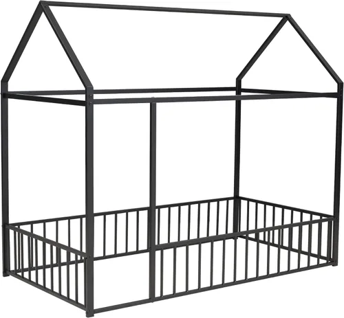 Vista 5 de HAUSHECK Montessori Cama para niños pequeños, cama de piso tamaño individual para niños y niñas, camas Montessori con rieles y techo, marco de cama