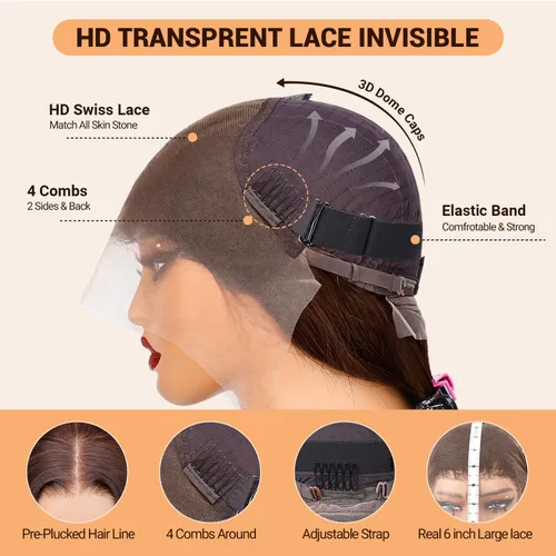 Vista 4 de SOPSFR Pelucas de cabello humano con encaje frontal de 13 x 6, densidad 200, pelucas de cabello humano lacio marrón chocolate con bebé alrededor