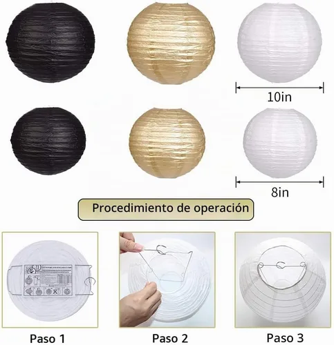 Vista 3 de Linternas de papel pompones de papel negro y dorado para decoración Negro/dorado