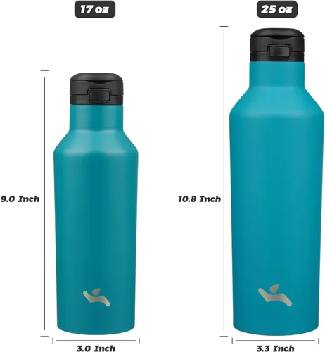 Vista 5 de Konokyo - Botella de agua aislada con popote, termo de agua de acero inoxidable de doble pared de 17 onzas con 2 tapas, azul lago