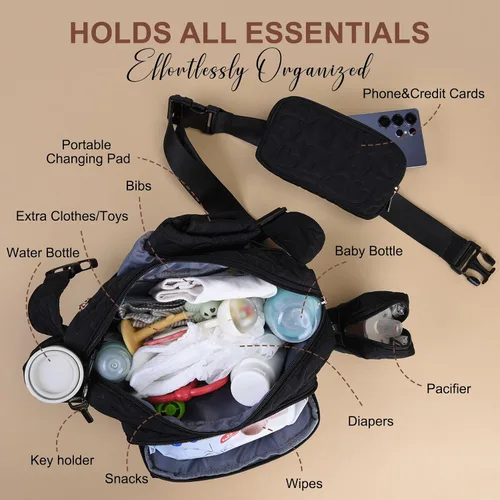 Vista 5 de Rexmore Bolso de Cadera Acolchado para Mamá - Bolso Compacto de Mujer con Cambiador Portátil y Bolsillo para Toallitas, Organizador de Viaje y Negro