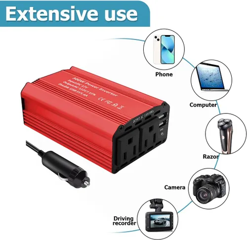 Vista 6 de Inversor de corriente para automóvil de 300 W, convertidor de voltaje de CC 12 V a 110 V CA, adaptador de corriente para cargador de automóvil