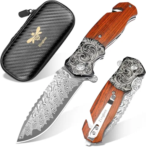 Vista 14 de Zingbee Cuchillo de bolsillo de Damasco de 3.46 pulgadas con clip, mango antideslizante azul DMXQ 1-azul