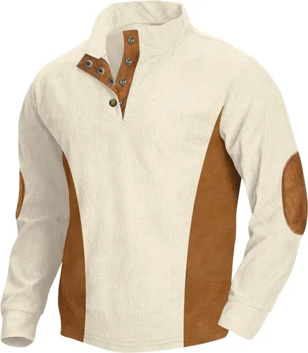Vista 3 de Camisas de pana para hombre, con un cuarto de botón, estilo vintage, casual, a la moda, con parche en el codo