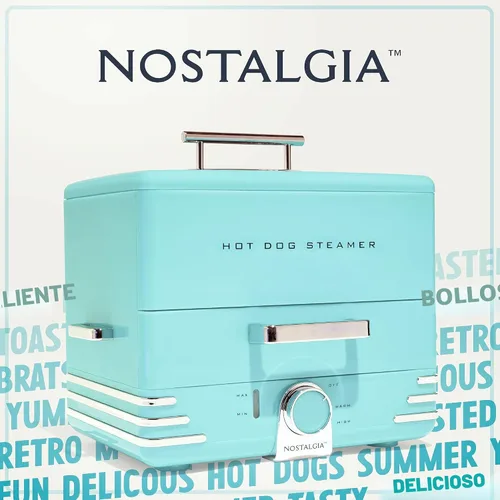 Vista 6 de Nostalgia vaporera extra grande estilo comedor, capacidad para 20 perros calientes y 6 panes, perfecta para salchichas de desayuno, bratwursts