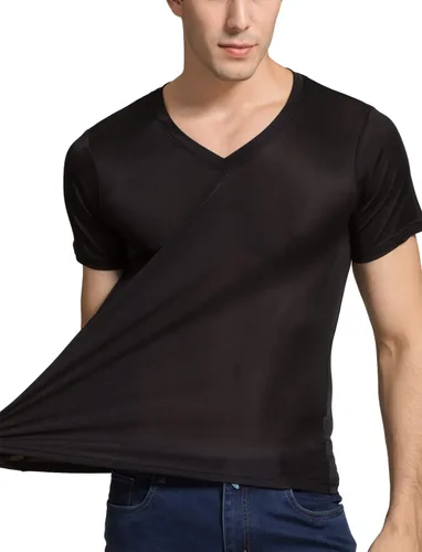 Vista 4 de Grenasasilk Camisetas de seda de morera para hombre, de manga corta, de seda pura, transpirable, con cuello en V