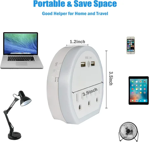 Vista 6 de Paquete de 2 extensores de toma de corriente de pared con sensor automático, luz nocturna LED, 3 tomas de corriente, 2 puertos USB, protector