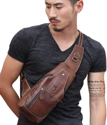 Vista 7 de Mochila estilo bandolera de piel para hombres y mujeres, bandolera de hombro, al pecho, mochila de uso diario para viajes, al aire libre