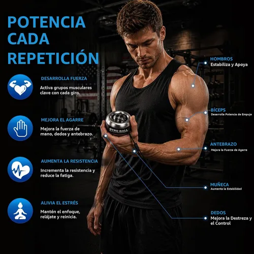 Vista 6 de Gyroball ejercitador de muñeca bola de arranque automático 5 niveles de resistencia control de luz giroscópico antebrazo entrenador brazo