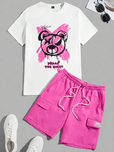 Vista 3 de GORGLITTER Conjunto de 2 piezas de camiseta de manga corta con estampado de dibujos animados para hombre