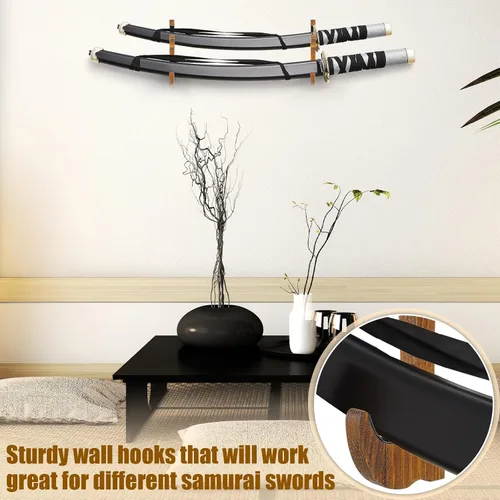 Vista 6 de Chunful 2 soportes de pared de samurái de espada Katana, 2 niveles, ámbar Soporte para katana de espada, soporte horizontal de espada, soporte