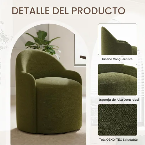 Vista 4 de KISLOT Sillas de comedor tapizadas con ruedas, sillas de comedor modernas sin montaje, silla de tocador con 5 ruedas y respaldo redondo para Verde