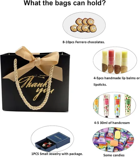 Vista 4 de TKSBAG Paquete de 20 pequeñas bolsas de regalo negras con asas de 5.5 x 2.3 x 4.7 pulgadas, mini bolsas de regalo a granel para baby shower