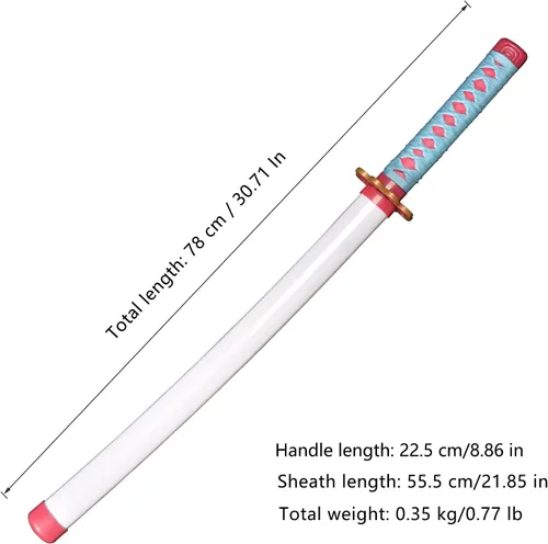 Vista 2 de Espadas Katana de anime de madera para cosplay, espada Samurai Kanroji Mitsuri, espada Demon Slayer, cuchillo rueda solar blanca de 30 pulgadas