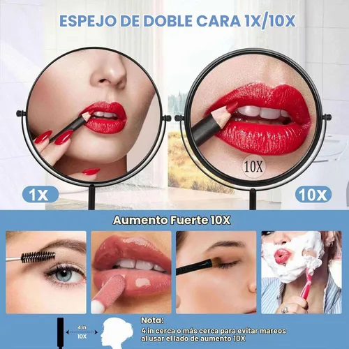 Vista 3 de Espejo de maquillaje de mesa de gran tamaño con aumento, espejo de tocador giratorio de 360° de doble cara de 9 pulgadas, espejo de aumento 1X/10X