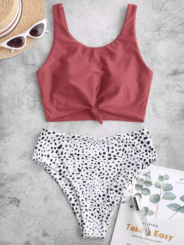 Vista 2 de ZAFUL - Traje de baño de dos piezas, cuello redondo, bikini, de cintura alta, para mujer
