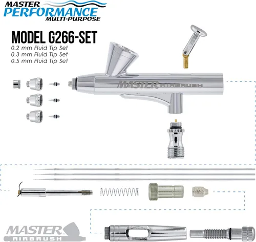 Vista 3 de Master Performance G266 Pro Set Master Airbrush con 3 juegos de boquillas (agujas de 0.2, 0.3 y 0.020 in, puntas de líquido y tapas de aire), mango
