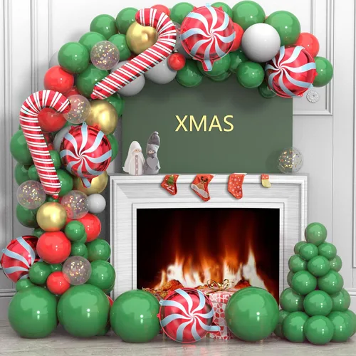 Vista 3 de Kit de arco de guirnalda de globos de Navidad, 150 unidades con globos de aluminio de caramelo de Navidad, verde, rojo, blanco, dorado, globos