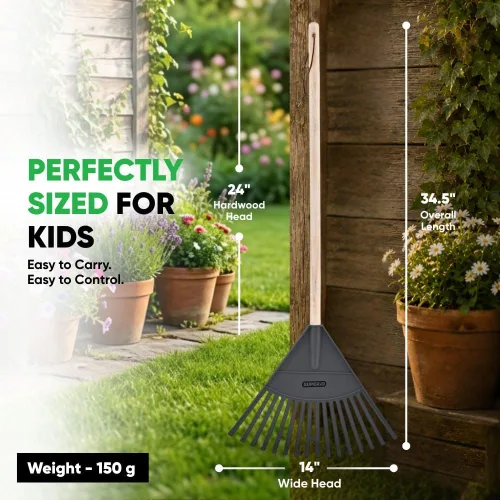 Vista 3 de Rastrillo de hojas, recolector de hojas grises para niños, paquete a granel, rastrillo de jardinería, paquete de 24 rastrillos de plástico con mango