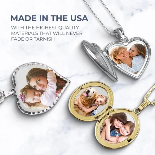 Vista 5 de Collar con medallón y frase en inglés Forever in My Heart para fotos en plata de ley y chapado en oro amarillo, 34 pulgadas x 34 pulgadas, incluye