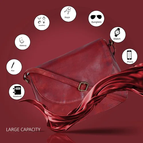 Vista 3 de Bolso bandolera de cuero genuino para mujer con correa ajustable, bolsillo para móvil y cremallera exterior e