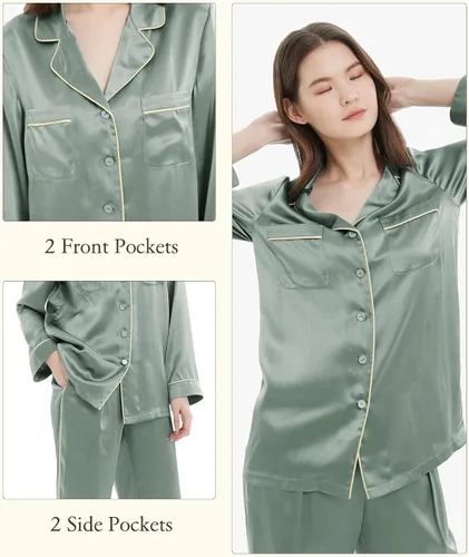 Vista 4 de LilySilk Pijama de seda para mujer, con ribetes dorados, 22 momme, 100% seda, para mujer, lavable