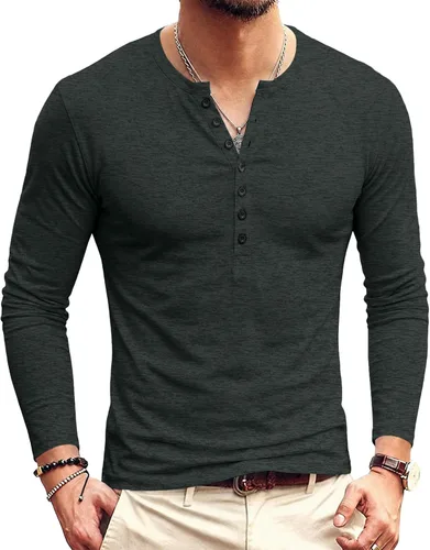 Vista 26 de KUYIGO Camisas Henley para hombre, estilo casual, ajustadas, básicas, de A01 Negro Puro