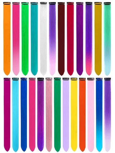 Vista 27 de 20 extensiones de cabello de colores, coloridas extensiones de cabello sintético con clip, extensiones de cabello sintético largo y lacio