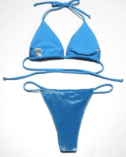 Vista 3 de YAUASOPA Traje de baño retro de pana de terciopelo para mujer con tanga halter y micro triángulo