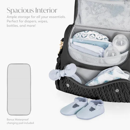 Vista 4 de Hannah & Sophia Belle - Mochila y bolsa convertible para pañales para bebé en color negro, tamaño grande, tapete cambiador resistente al agua