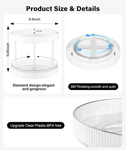 Vista 5 de Bandeja de almacenamiento giratoria transparente de 360°, organizador de encimera de baño Lazy Susan de 2 niveles, organizador de cosméticos