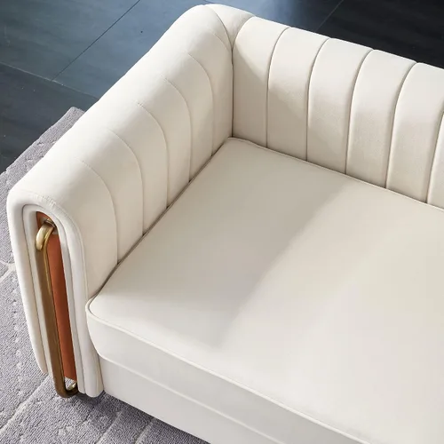 Vista 4 de KEIKI Sofá copetudo de terciopelo de 84 pulgadas con cojines de respaldo y brazos enrollados, sofá de 3 plazas estilo moderno con patas de acero