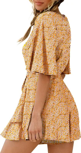 Vista 2 de Relipop Women's Rompers Wrap V Neck Flared Sleeve Waist Belted Zip Back Layered Ruffle Hem Short Floral Romper Jumpsuits