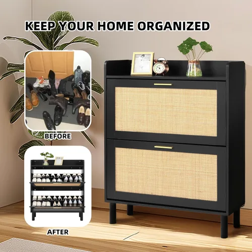 Vista 4 de Finnhomy Zapatero extendido con cajones abatibles de ratán natural para entrada, organizador de zapatos delgado de 2 niveles con tablero superior