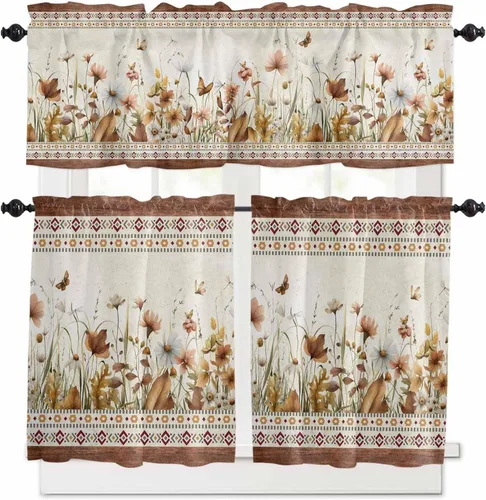 Vista 13 de Cortina de ventana ajustable con lazos para ventana, cenefa de cocina para sala de estar, arte abstracto, sol y arco iris, bolsillo para barra