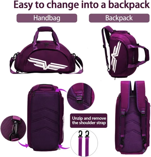 Vista 4 de FIORETTO Bolsa de deporte para hombre con bolsillo húmedo y compartimento para zapatos, ideal para viajes, gimnasio, deportes, natación, B-Morado