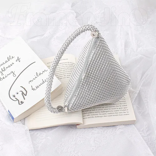 Vista 5 de Framendino, Bolso triangular, con estrás de estrás, bolso de noche, bolso de mano de lentejuelas, bolsa de lujo con cremallera