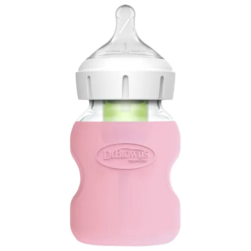 Vista 4 de Dr. Brown's Options+ Funda para botella de vidrio de cuello ancho, 100% silicona, rosa, sin BPA, 5 onzas, 1 paquete