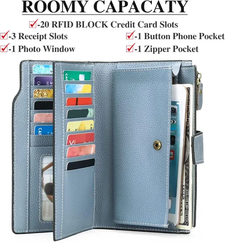 Vista 3 de SENDEFN Carteras de cuero para mujer, con bloqueo RFID, tarjetero con bolsillo con cremallera, Azulclaro, Cartera de gran capacidad