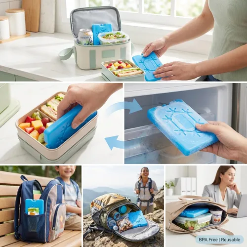 Vista 4 de Kona Paquete de 4 bolsas de hielo delgadas para loncheras y enfriadores, reutilizables, congelación rápida, ahorro de espacio, paquetes fríos