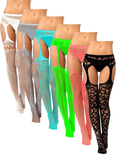 Vista 7 de Skylety 6 pares de medias de red para mujer, medias altas hasta el muslo, medias con tirantes para mujeres y niñas