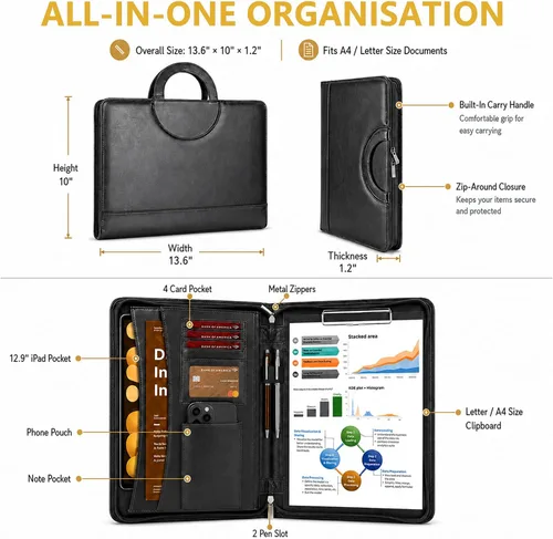 Vista 6 de Cartera Darolin de piel con cremallera, cartera con [asa oculta] y [portapapeles], cartera para conferencias de negocios, carpeta para bloc